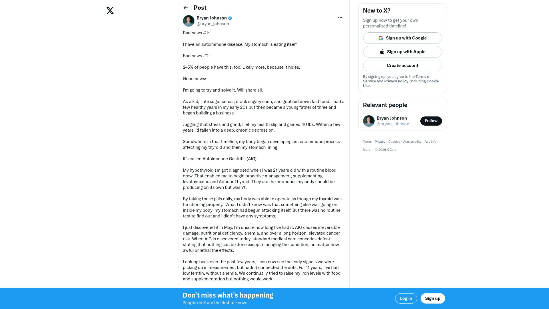 Screenshot of twitter.com: Bryan Johnson: I have an autoimmune disease. My stomach is eating itself