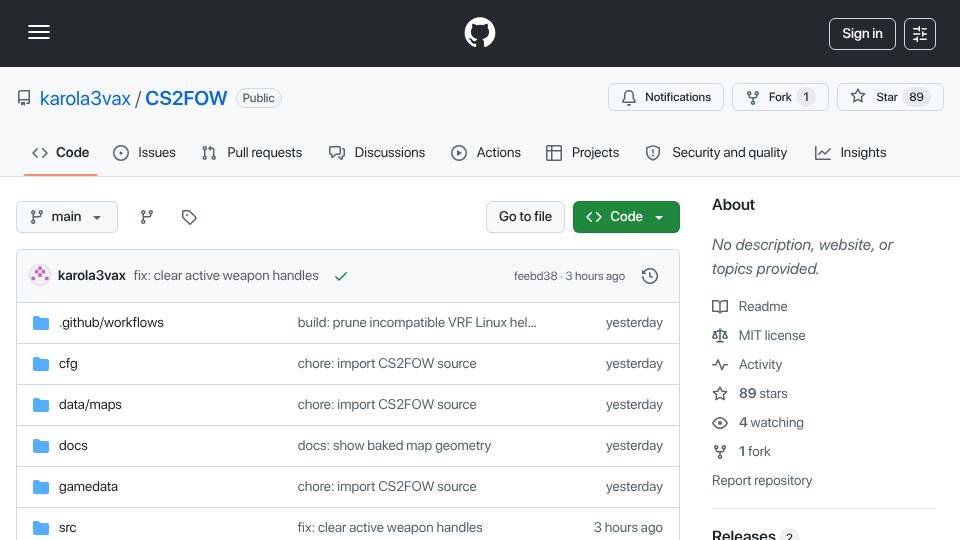 Screenshot of github.com: CS2 Fog Of War: Server-sided anti-wallhack occlusion culling for CS2 servers