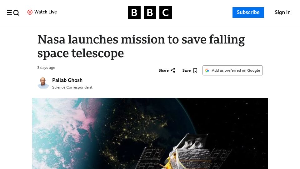 Screenshot of bbc.com: NASA launches robot to save Swift telescope falling to Earth