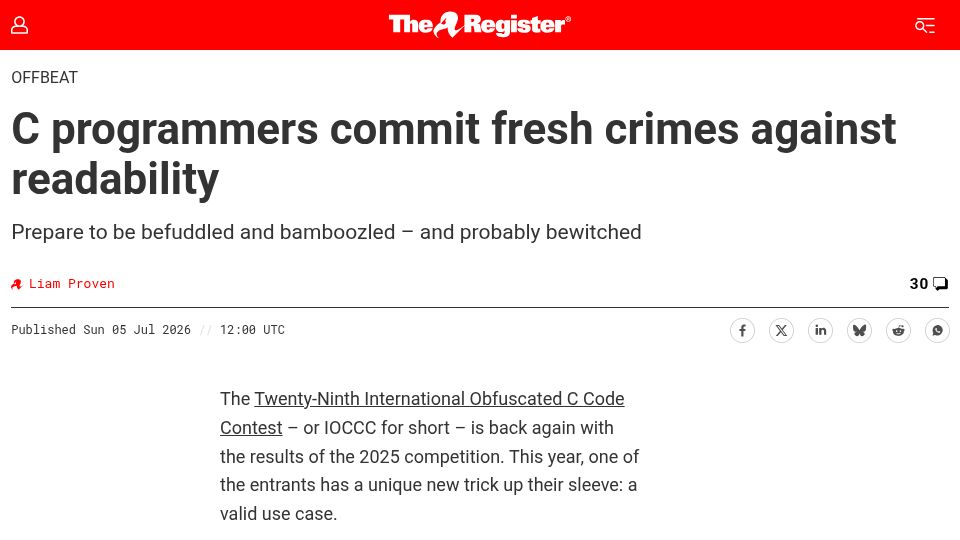 Screenshot of theregister.com: C programmers commit fresh crimes against readability