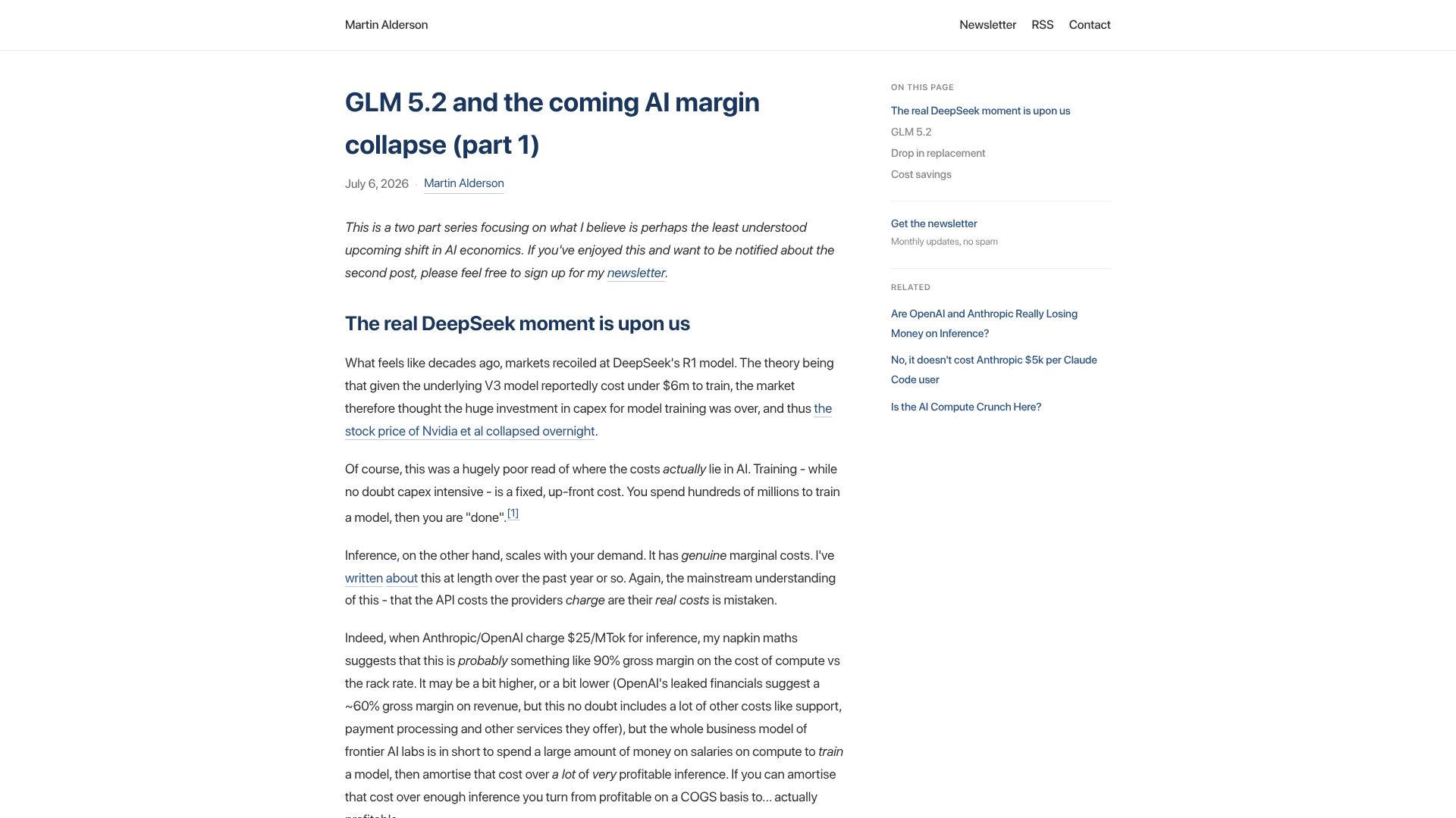 Screenshot of martinalderson.com: GLM 5.2 and the coming AI margin collapse
