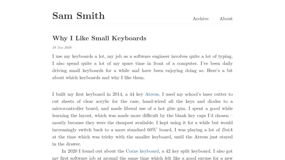 Screenshot of samsm.ch: I Like Small Keyboards