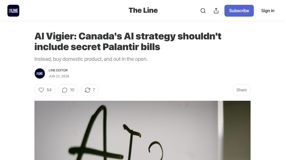 Screenshot of readtheline.ca: Al Vigier: Canada's AI strategy shouldn't include secret Palantir bills