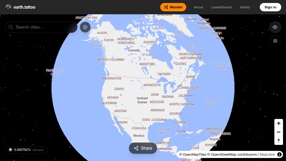 Screenshot of earth.tattoo: Show HN: Paint the Earth on a live, interactive globe (collaborative art.)