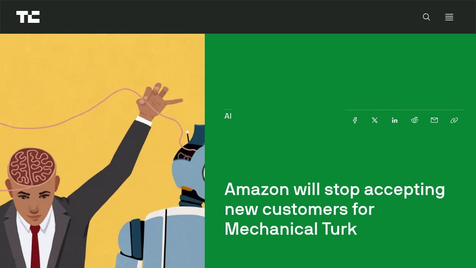 Screenshot of techcrunch.com: Amazon will stop accepting new customers for Mechanical Turk