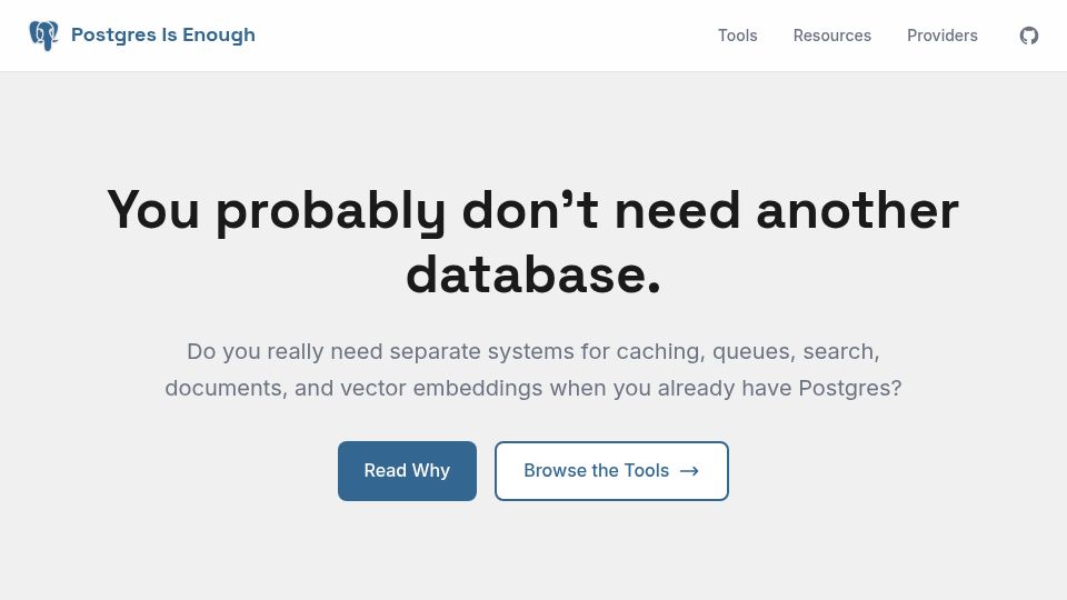 Screenshot of postgresisenough.dev: Do you need separate systems when you already have Postgres?