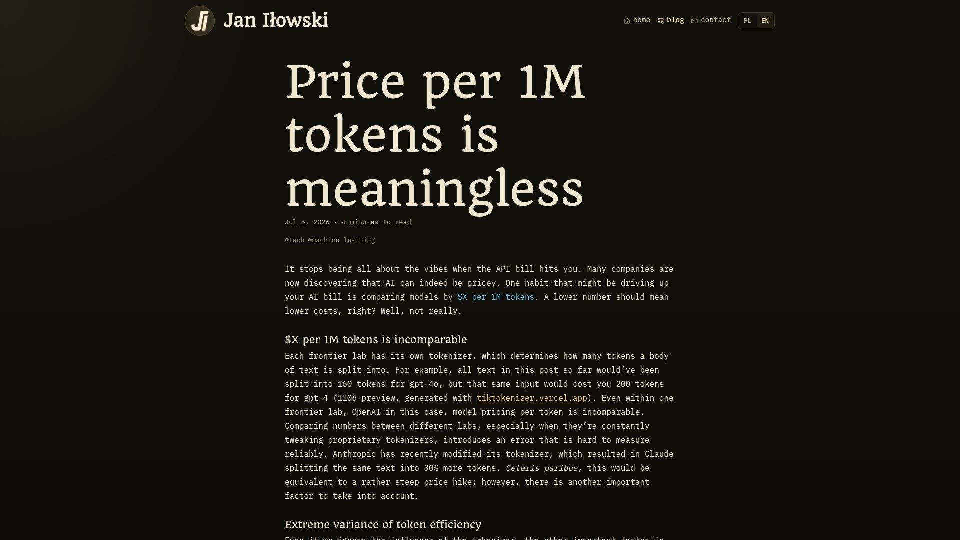 Screenshot of janilowski.pl: Price per 1M tokens is meaningless