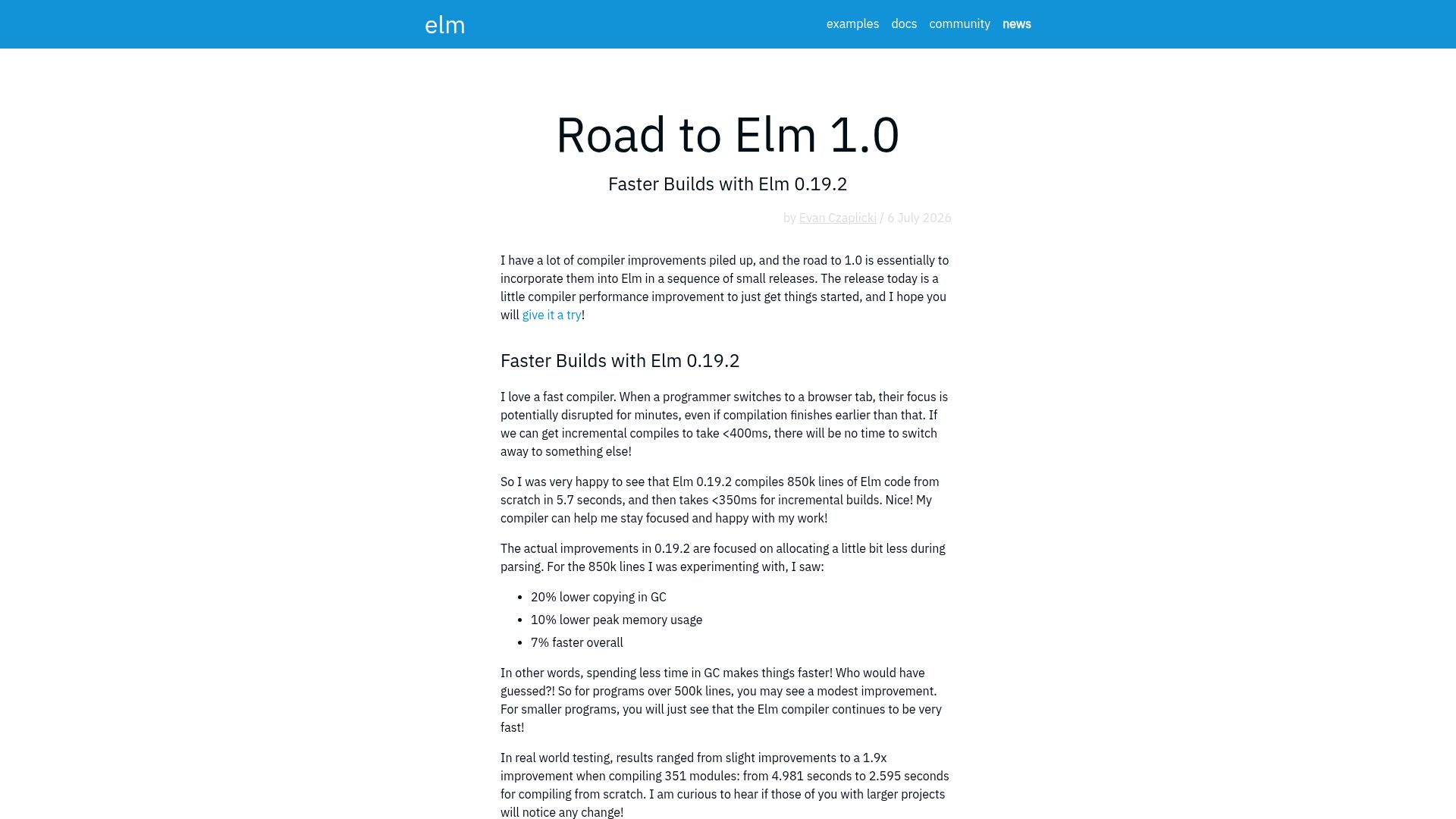 Screenshot of elm-lang.org: Road to Elm 1.0