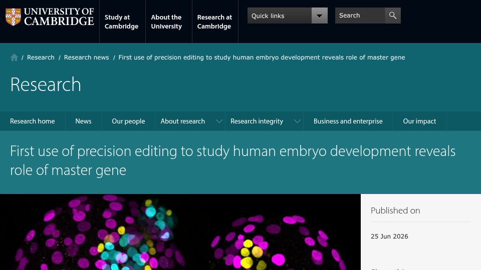 Screenshot of cam.ac.uk: Using precision editing to study human embryo development shows master gene