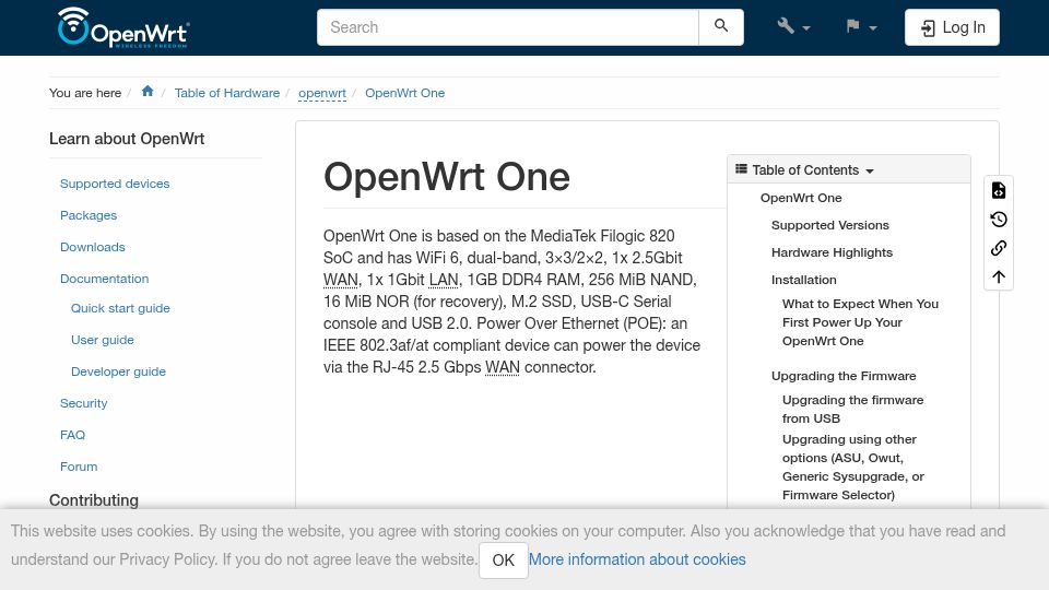 Screenshot of openwrt.org: OpenWrt One – Open Hardware Router