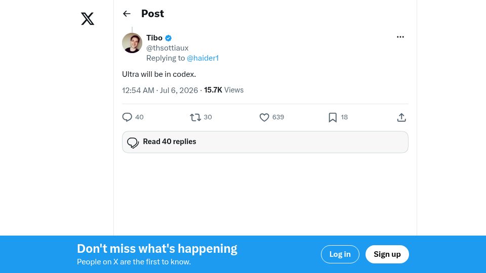 Screenshot of twitter.com: GPT-5.6 Sol Ultra will be in Codex