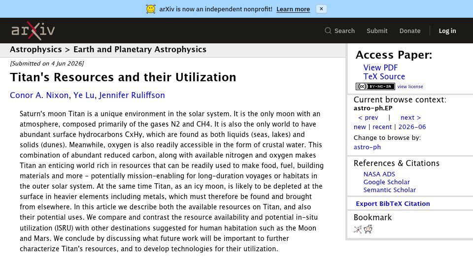 Screenshot of arxiv.org: Titan's Resources and Their Utilization