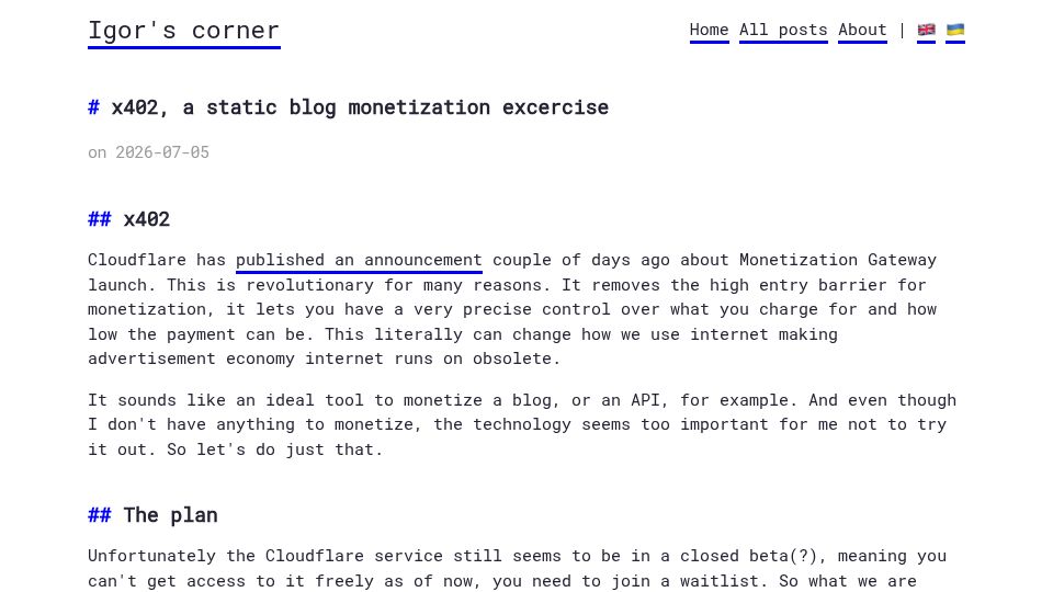 Screenshot of shtein.me: X402, a static blog monetization excercise