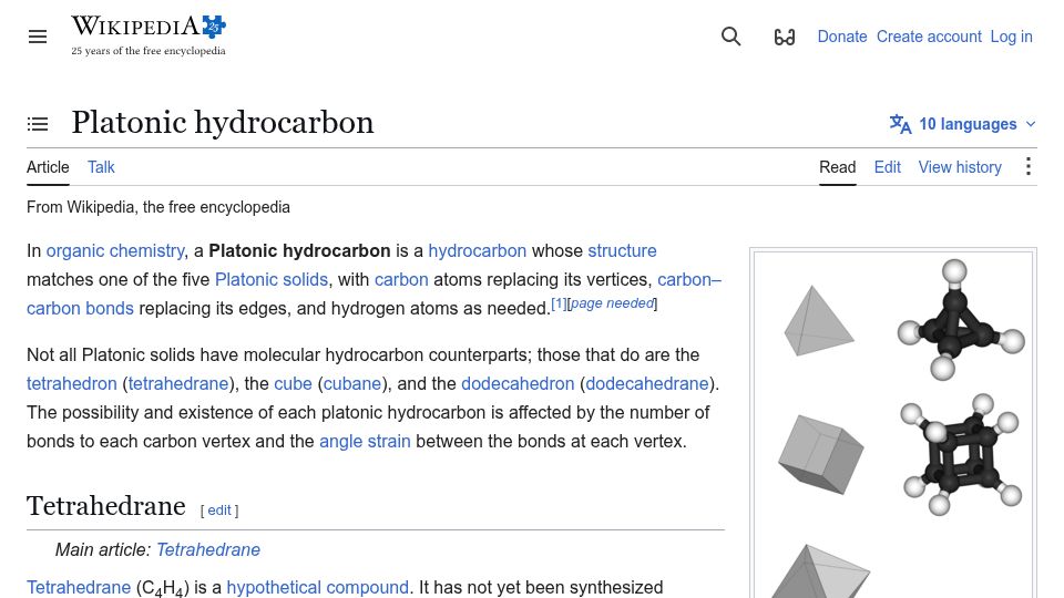 Screenshot of en.wikipedia.org: Platonic Hydrocarbons