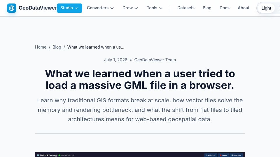 Screenshot of geodataviewer.com: What we learned when a user tried to load a 1 GB GML file in a browser