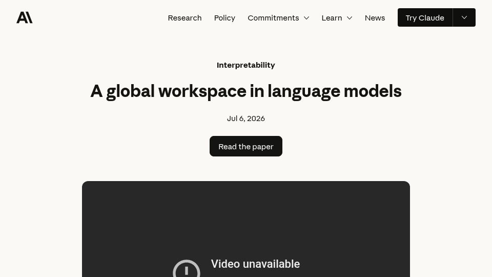Screenshot of anthropic.com: A global workspace in language models