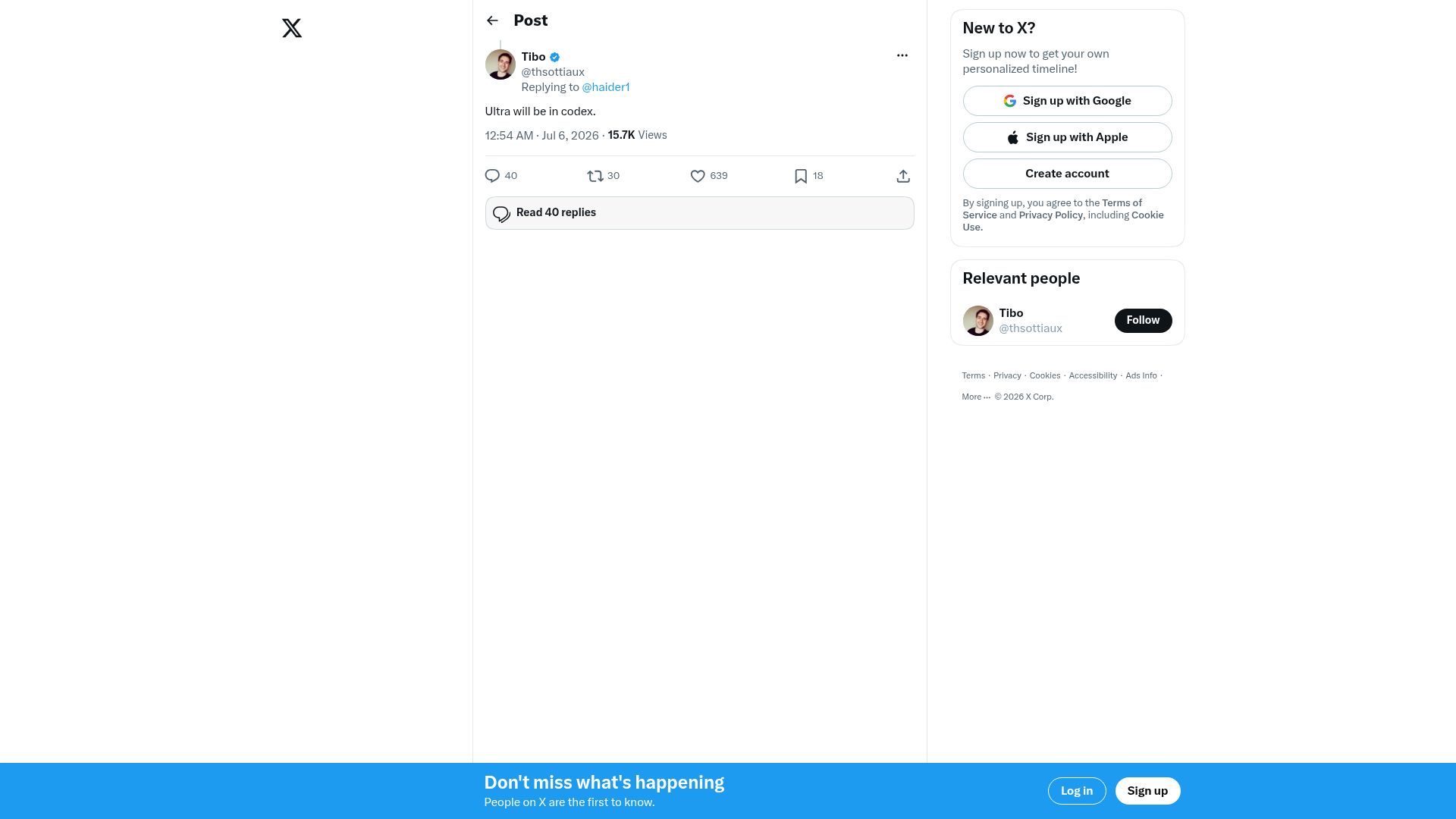 Screenshot of twitter.com: GPT-5.6 Sol Ultra will be in Codex