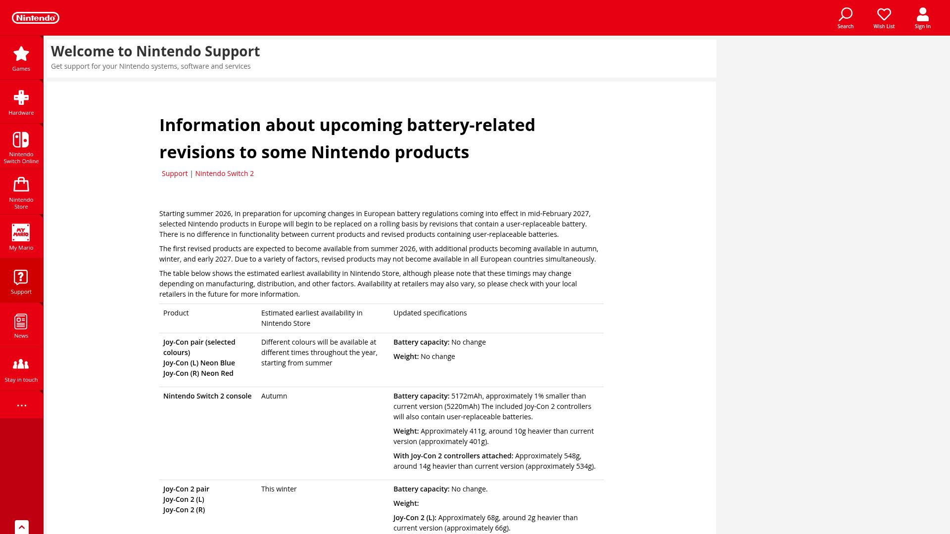 Screenshot of nintendo.com: Nintendo announces new product revisions in Europe with replaceable batteries