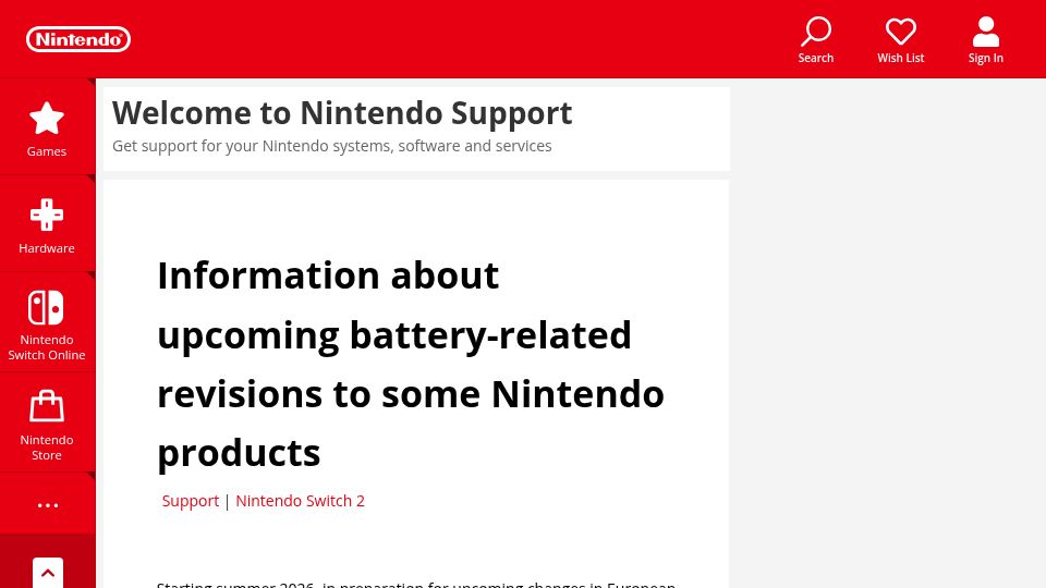 Screenshot of nintendo.com: Nintendo announces new product revisions in Europe with replaceable batteries