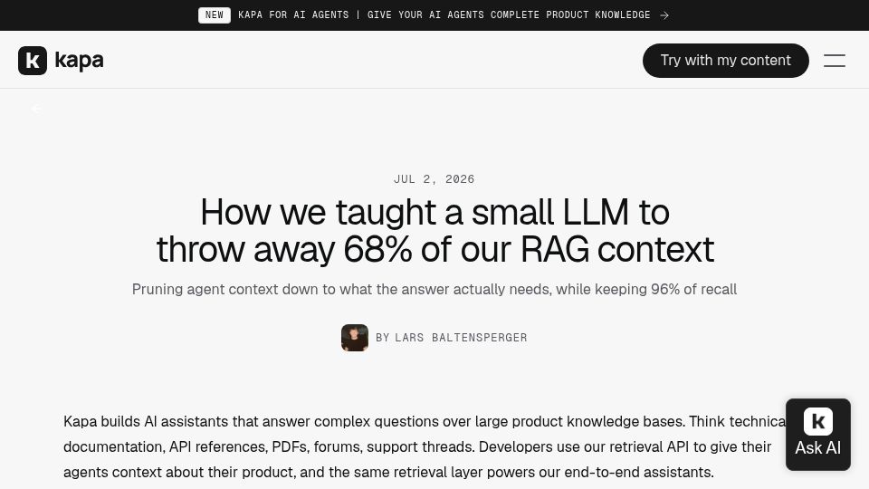 Screenshot of kapa.ai: Pruning RAG context down to what the answer actually needs