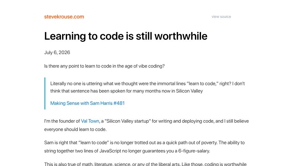 Screenshot of stevekrouse.com: Learning to code is still worthwhile