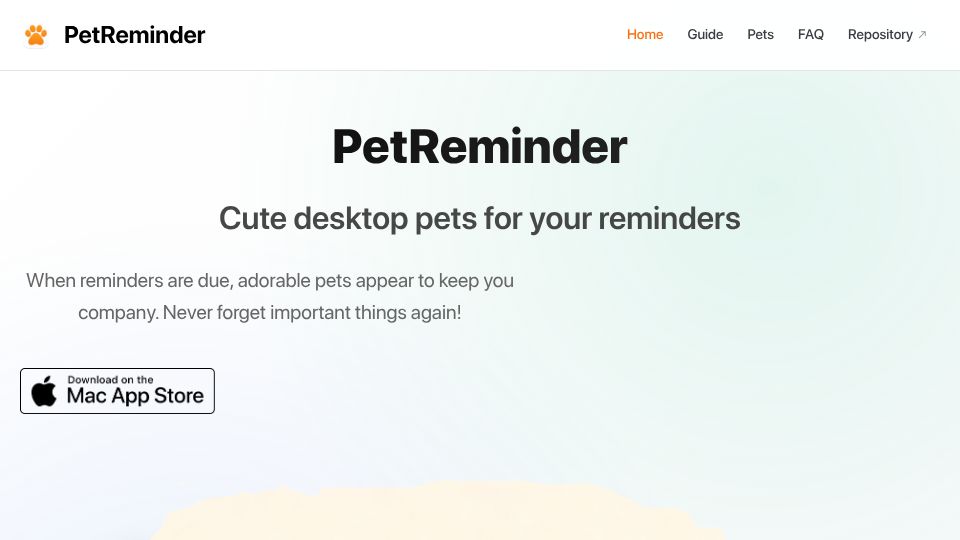 Screenshot of reminder.w3cub.com: Show HN: Pet Reminder – A macOS reminder app with a desktop pet