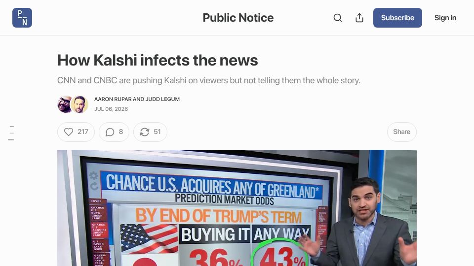Screenshot of publicnotice.co: How Kalshi Infects the News