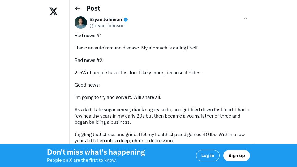 Screenshot of twitter.com: Bryan Johnson: I have an autoimmune disease. My stomach is eating itself