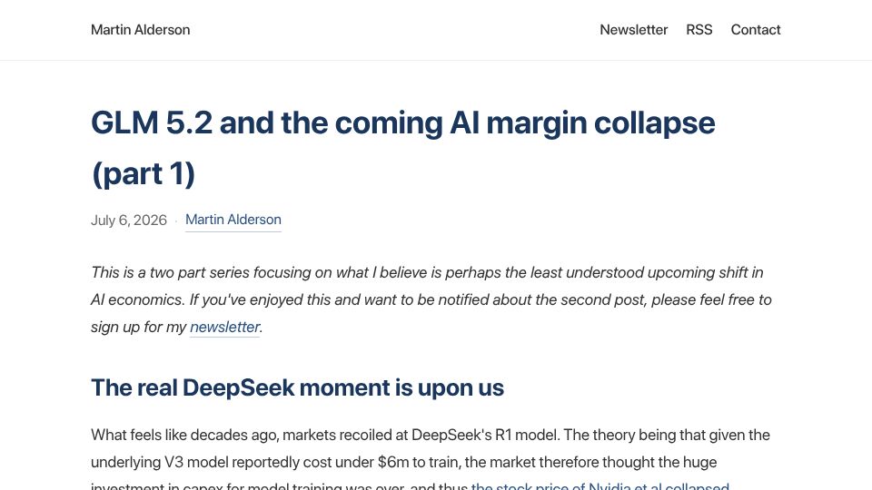 Screenshot of martinalderson.com: GLM 5.2 and the coming AI margin collapse