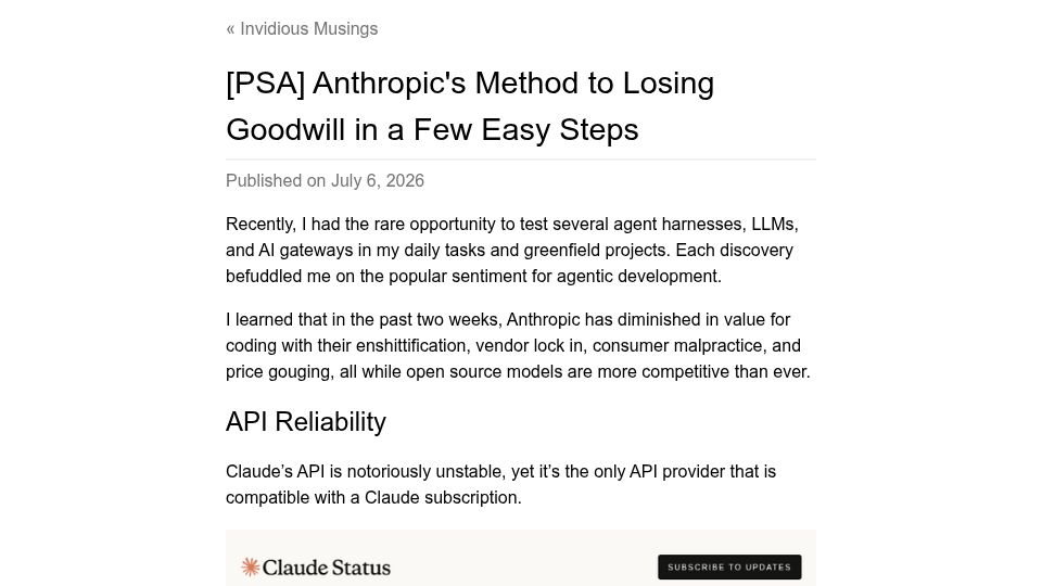 Screenshot of raheeljunaid.com: Anthropic's Method to Losing Goodwill in a Few Easy Steps