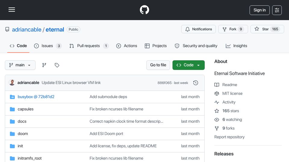 Screenshot of github.com: Eternal Software Initiative Based on Subleq One-Instruction-Set Computer