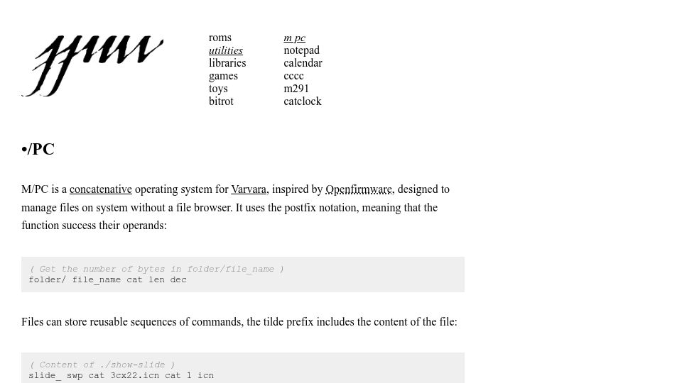 Screenshot of wiki.xxiivv.com: M/PC – A Concatenative OS