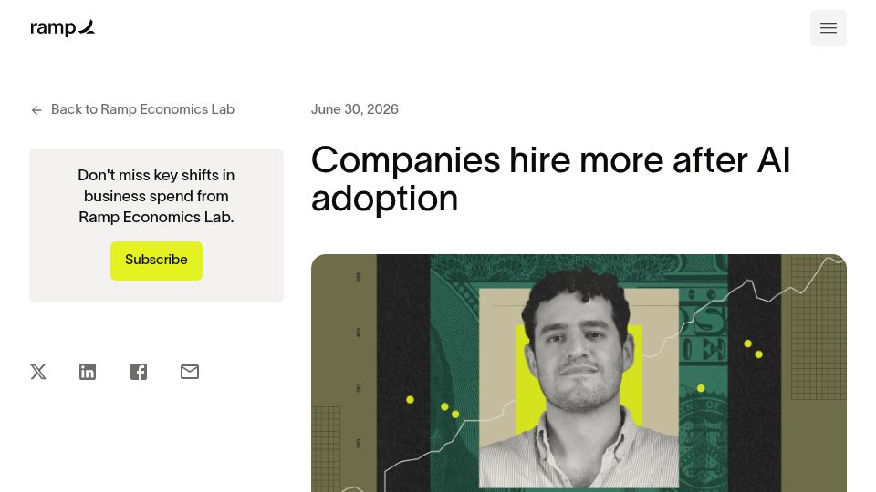 Screenshot of ramp.com: Companies hire more after AI adoption