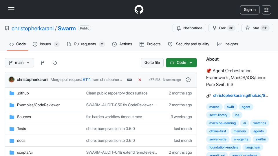 Screenshot of github.com: Show HN: I Built LangGraph for Swift