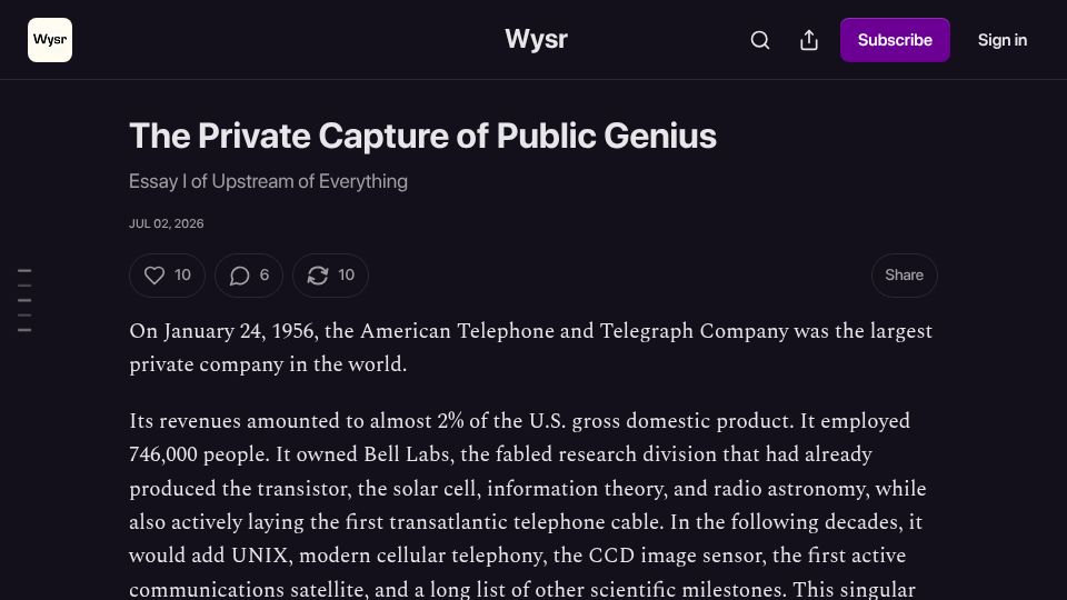 Screenshot of wysr.xyz: The Private Capture of Public Genius