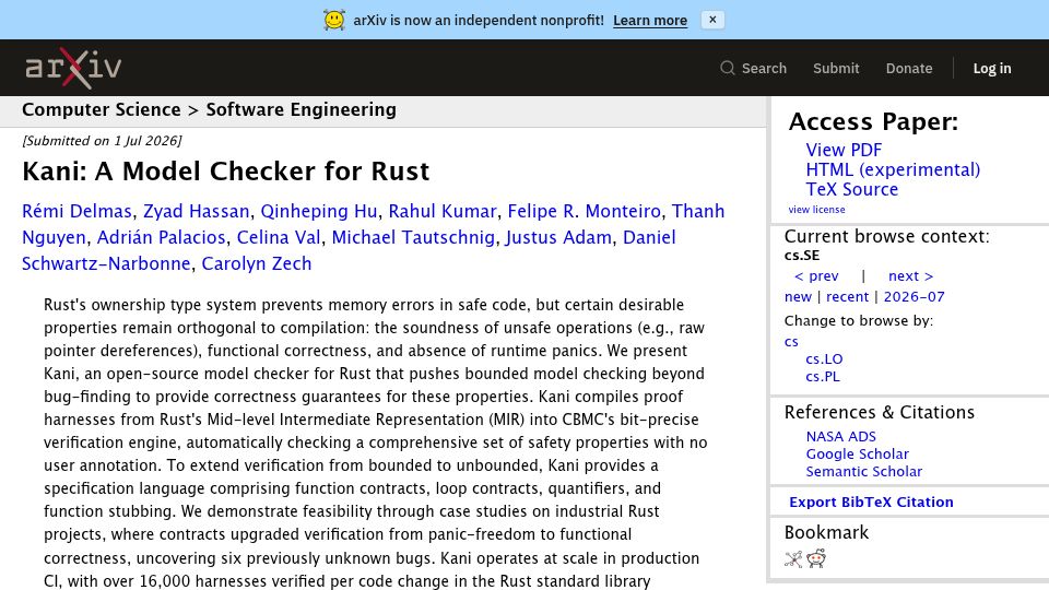 Screenshot of arxiv.org: Kani: A Model Checker for Rust