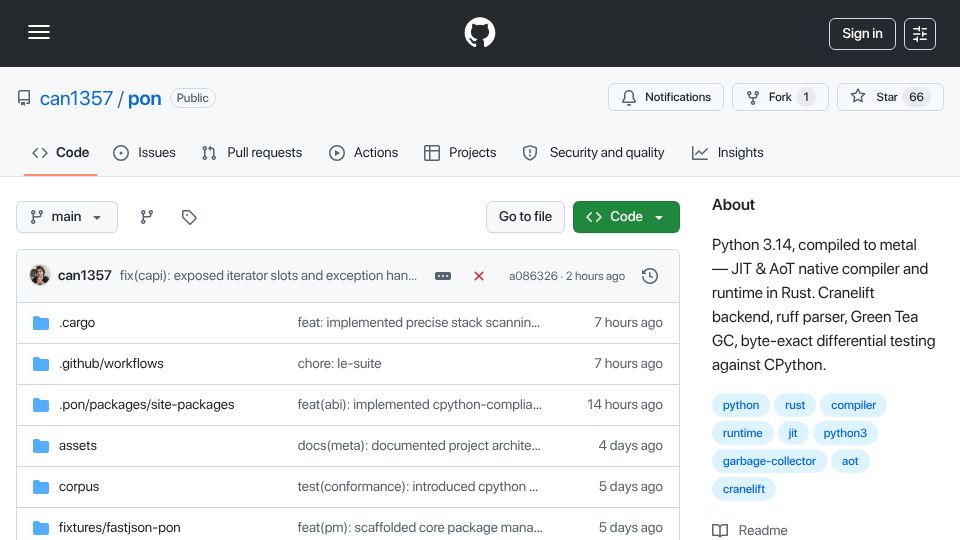 Screenshot of github.com: Python 3.14 compiled to metal – no interpreter