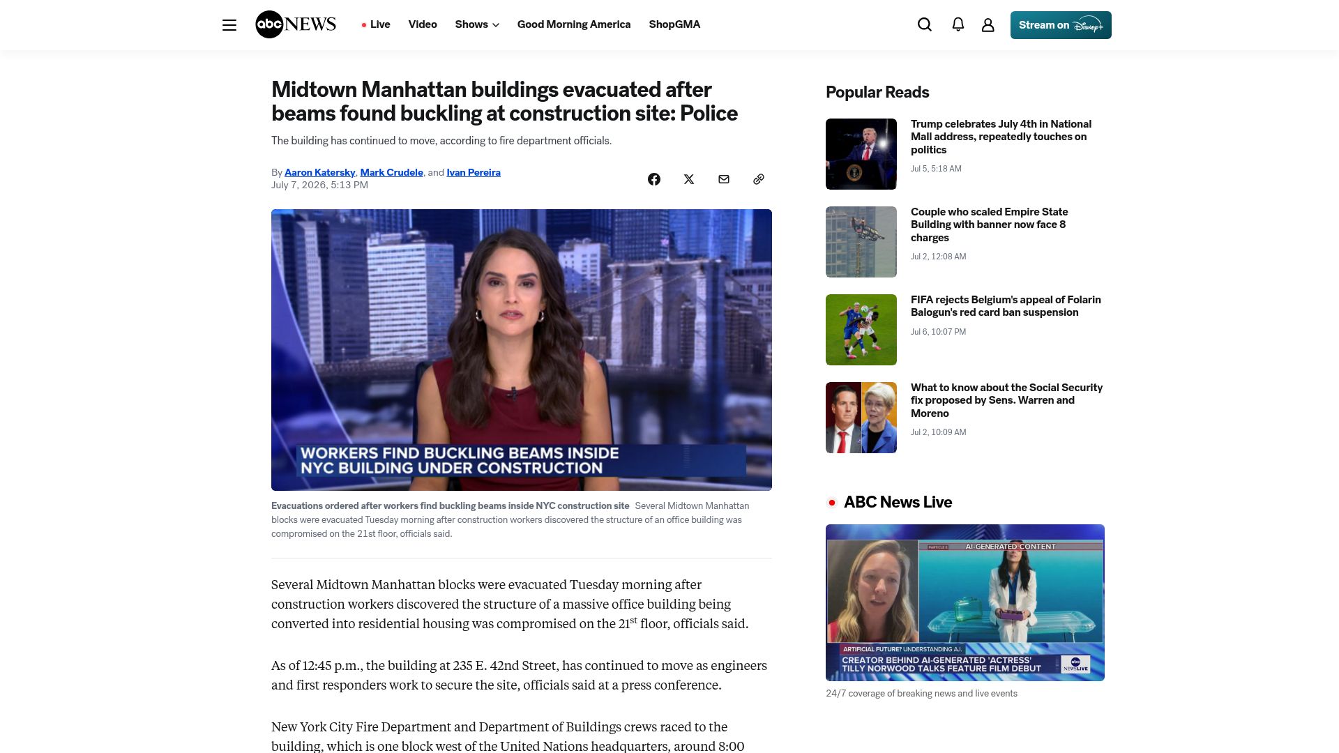 Screenshot of abcnews.com: Midtown Manhattan blocks evacuated after beams buckling at construction site