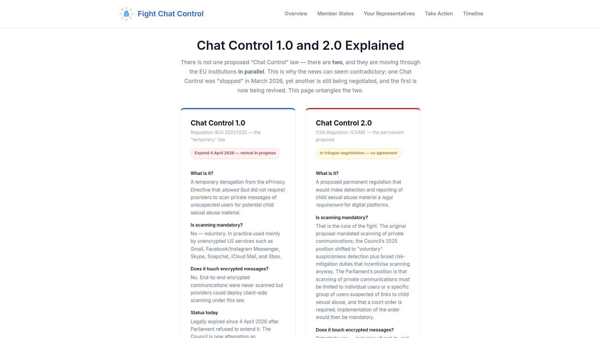 Screenshot of fightchatcontrol.eu: Chat Control 1.0 and 2.0 Explained