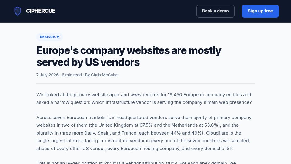Screenshot of ciphercue.com: Europe's company websites are mostly served by US vendors