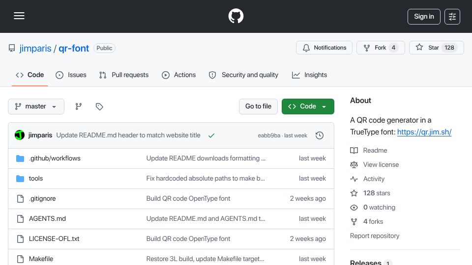 Screenshot of github.com: Jim's TrueType QR Code Font