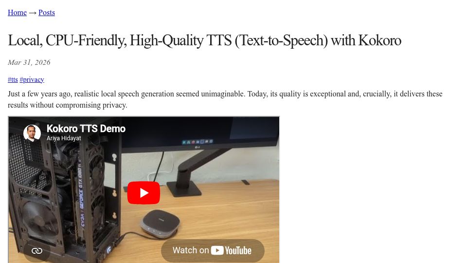 Screenshot of ariya.io: Local, CPU-Friendly, High-Quality TTS (Text-to-Speech) with Kokoro