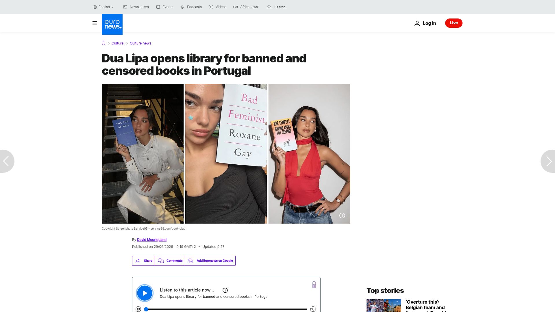Screenshot of euronews.com: Dua Lipa opens library for banned and censored books in Portugal