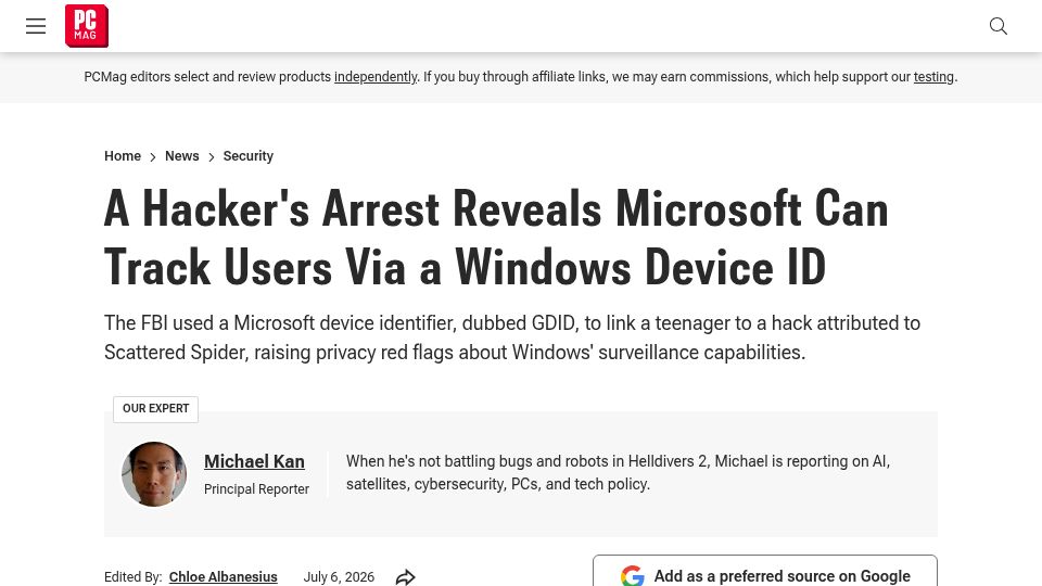 Screenshot of pcmag.com: Microsoft Can Track Users via a Windows Device ID