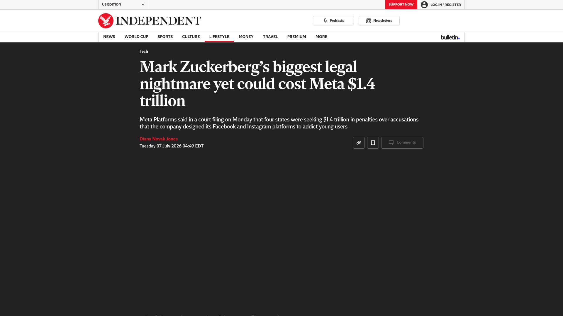 Screenshot of the-independent.com: Mark Zuckerberg's biggest legal nightmare yet could cost Meta $1.4T