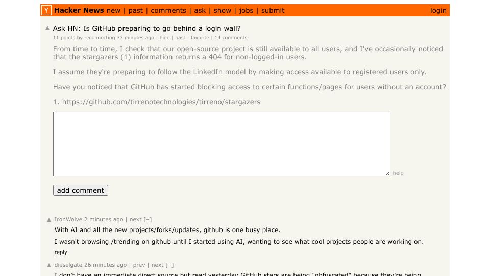 Screenshot of Hacker News post: Ask HN: Is GitHub preparing to go behind a login wall?