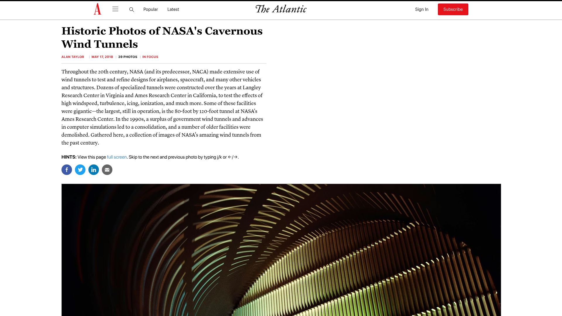 Screenshot of theatlantic.com: Historic Photos of NASA's Cavernous Wind Tunnels