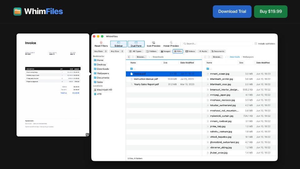 Screenshot of whimfiles.com: Show HN: Fast, native Mac file manager (filters, fuzzy find, 9 MB, no Electron)