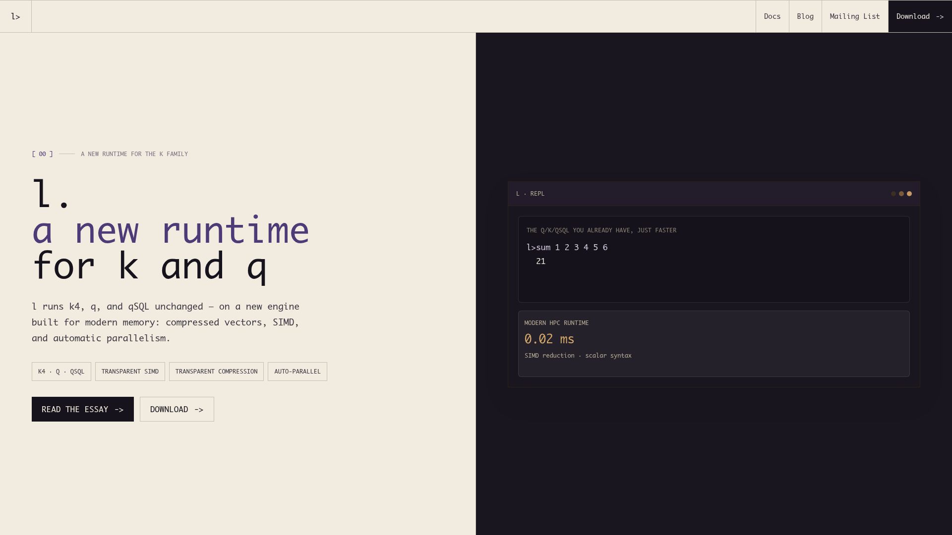 Screenshot of lv1.sh: l: A new runtime for k and q