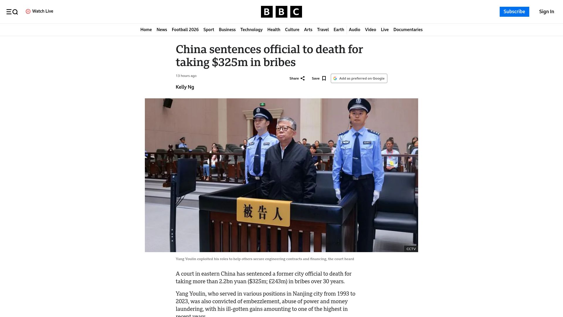 Screenshot of bbc.com: China sentences official to death for taking $325M in bribes
